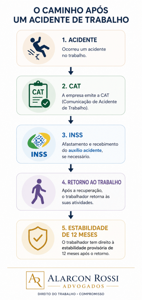 Fluxograma do processo após acidente de trabalho: CAT, INSS, retorno e estabilidade