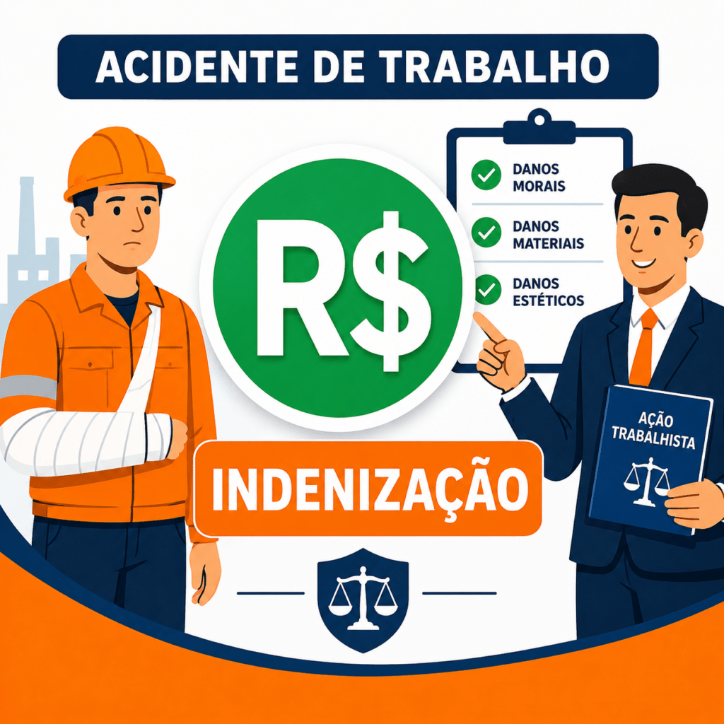 Ilustração vetorizada sobre indenização por acidente de trabalho mostrando trabalhador acidentado, símbolo de dinheiro e advogado explicando os direitos à indenização.