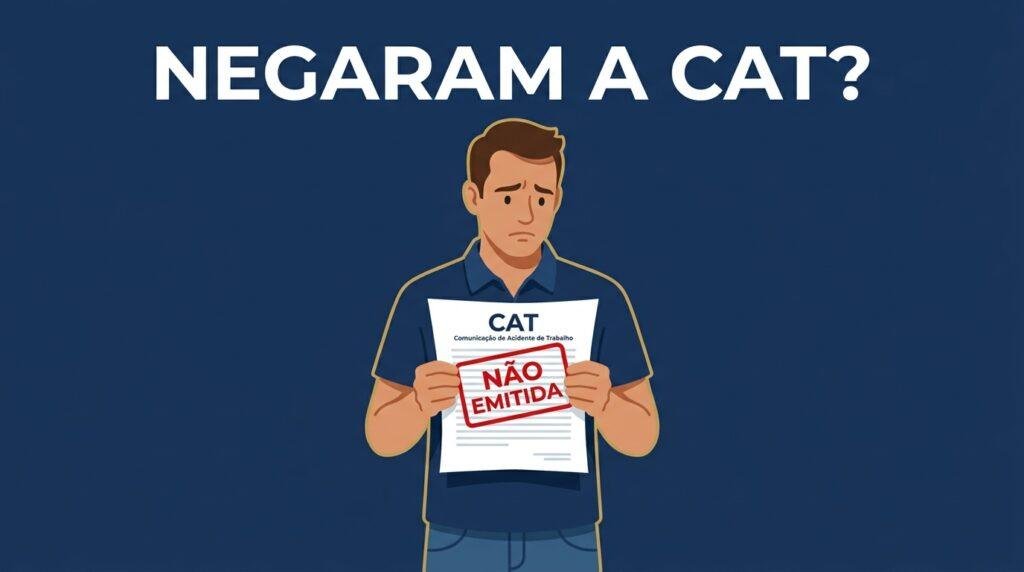 Trabalhador segurando uma CAT com carimbo de não emitida, representando a recusa da empresa em emitir a Comunicação de Acidente de Trabalho.