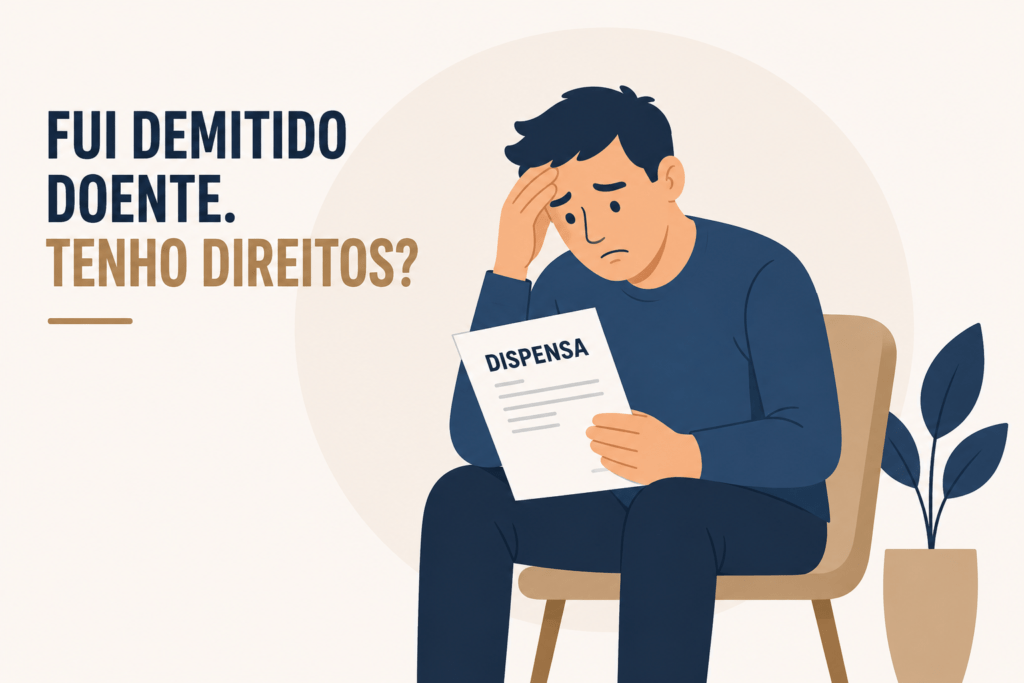 Fui demitido doente - trabalhador preocupado analisando documentos de demissão e atestado médico