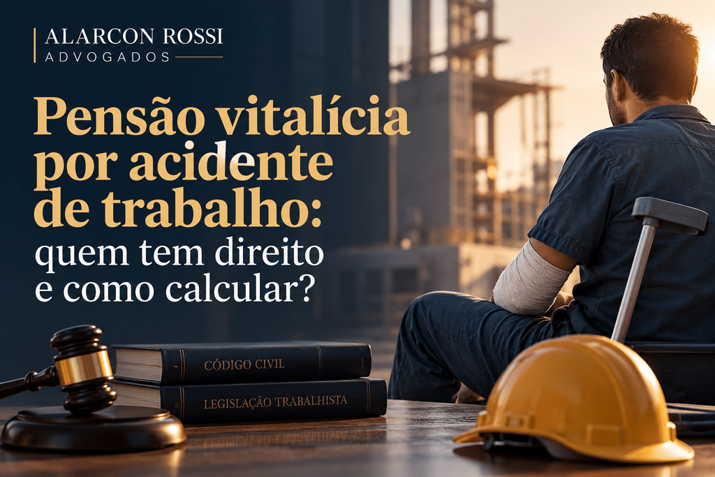 Trabalhador com braço enfaixado e muleta em ambiente de construção civil, ilustrando o direito à pensão vitalícia por acidente de trabalho.
